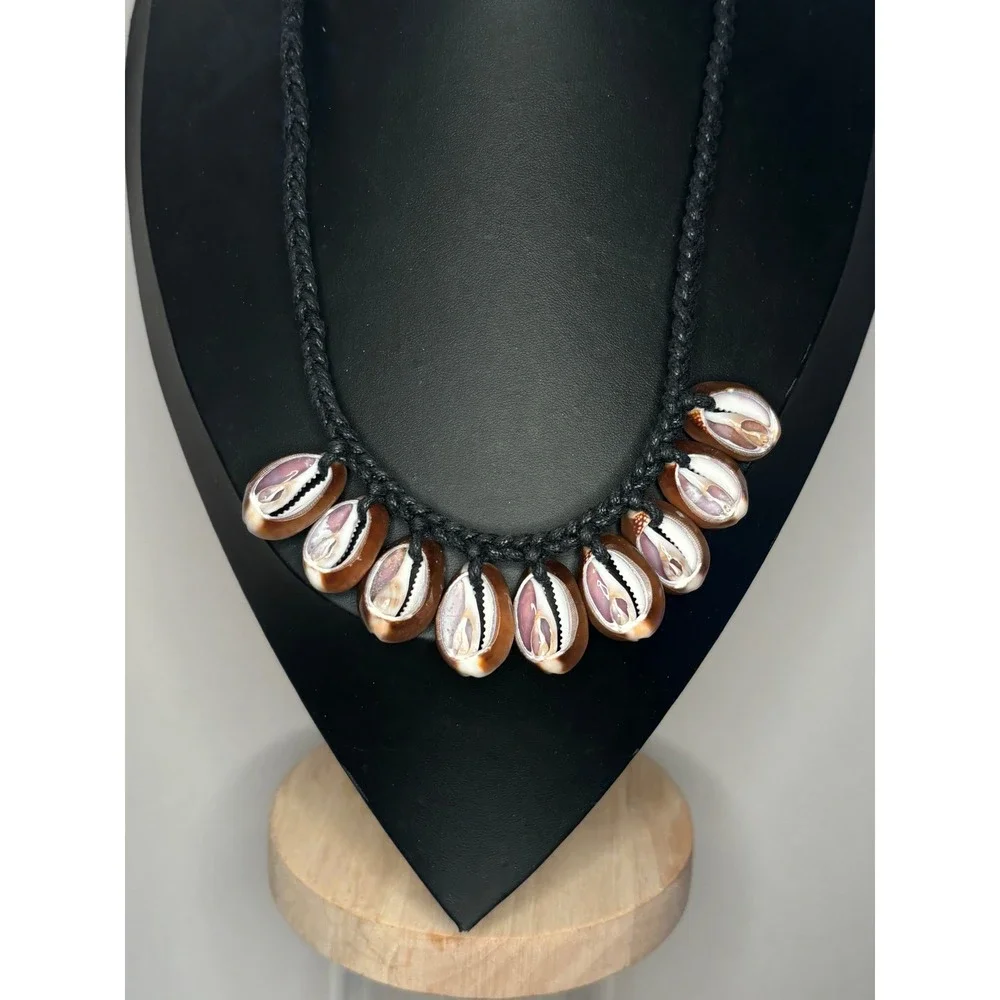 Vintage Cowrie Shell Braided Cord Necklace 20 Inch Boho Coastal Beach Jewelry